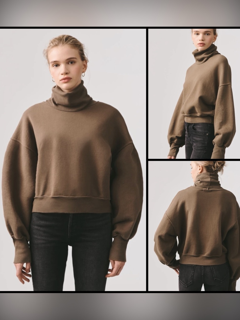Agolde Extended Ribbed Zombie Turtleneck Balloon-Sleeve Cropped Sweatshirt M